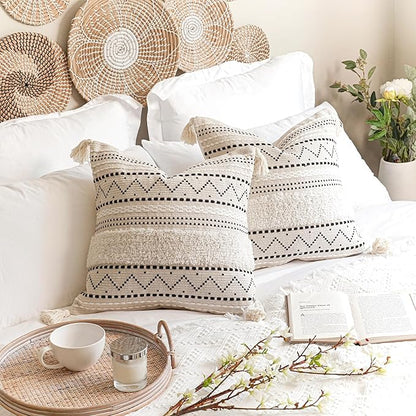 BlissBlush Decorative Throw Pillow Cover 18x18 Combo Set of 2 Square Boho Black Neutral Accent Pillowcase Tassels Farmhouse Cushion for Couch Sofa Bedroom Living Room Home Décor Cover ONLY