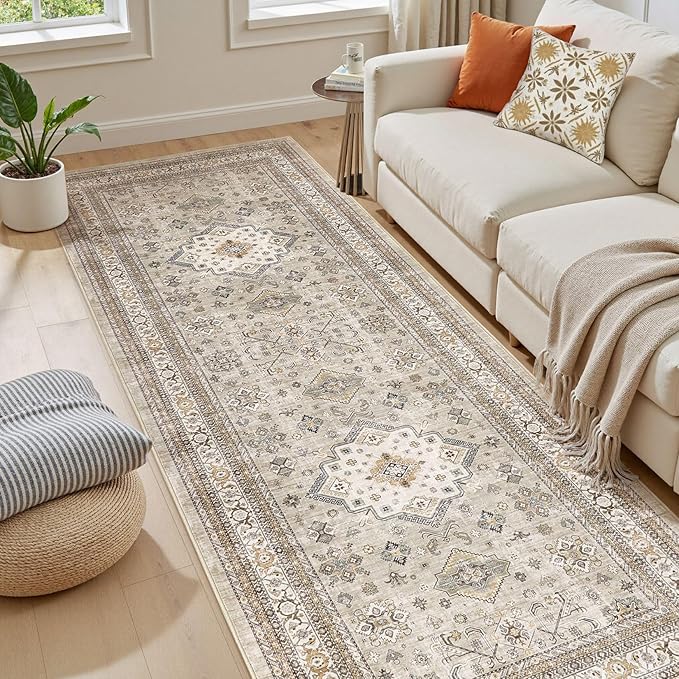 Vintage Hallway Runner Rug 3x8: Large Soft Washable Entryway for Kitchen Laundry Room Non-Slip Backing Runner for Entrance Living Room Bedroom Bathroom - Beige
