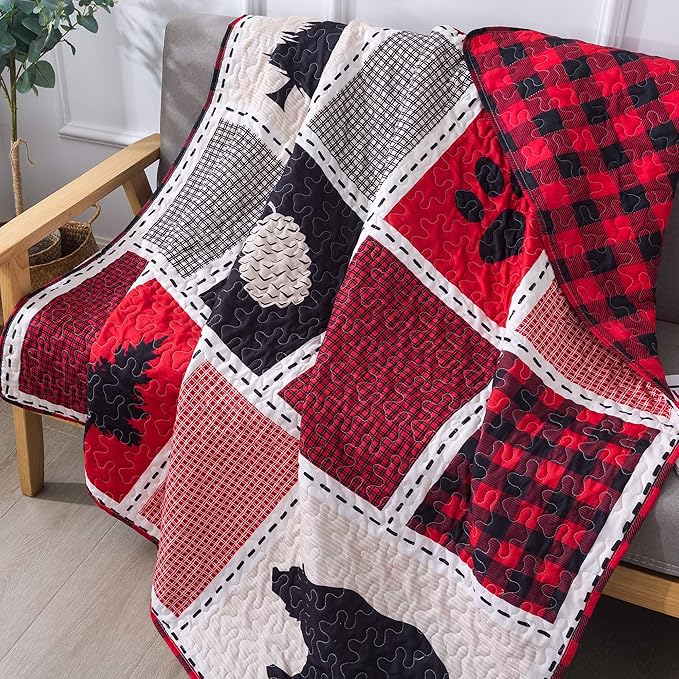 Soul & Lane Into The Woods 50" x 60" Farmhouse Throw Blanket: Bear Cabin Comforter, Plaid Quilt Blanket, Country Lap Quilted Throw, Buffalo Check Bear Coverlet, Christmas Buffalo Check Bedding