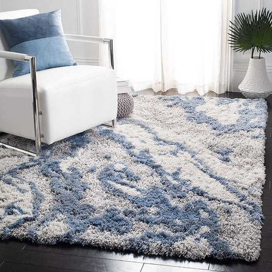 SAFAVIEH Horizon Shag Collection Area Rug - 6'7" Square, Grey & Blue, Modern Abstract Design, Non-Shedding & Easy Care, 2-inch Thick Ideal for High Traffic Areas in Living Room, Bedroom (HZN890G)