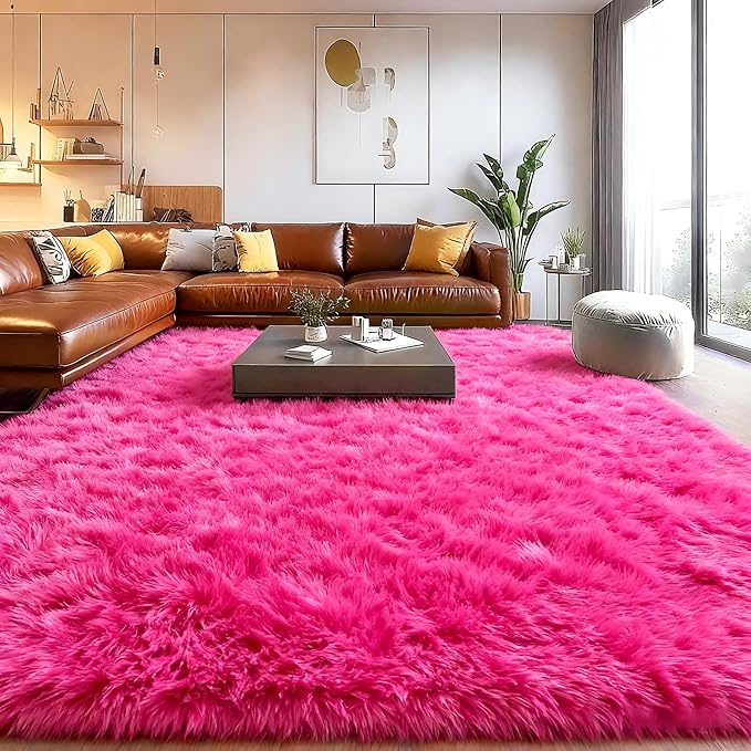 Large Fuzzy Rug 8x10 Feet Hot Pink Fluffy Rug for Living Room, Big Plush Non-Skid Shag Carpet, Soft Shaggy Rugs for Bedroom Indoor Modern Home Decor