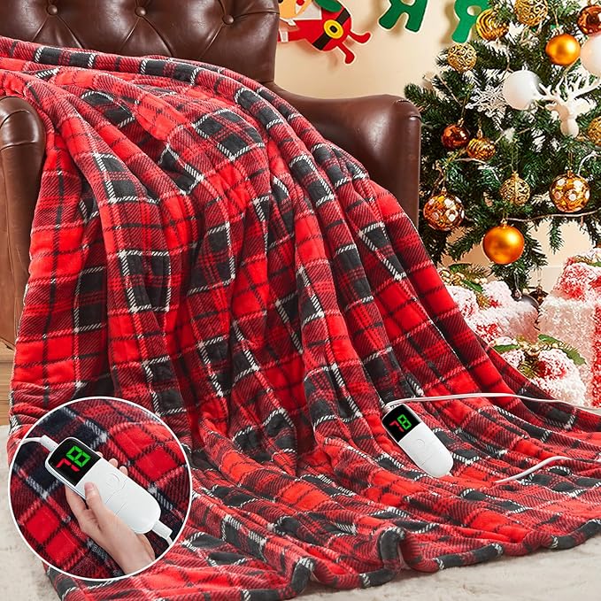 OCTROT Red Christmas Heated Blanket Electric Throw 50X60, Heating Throw Gift with 10 Heating Levels & 8 Hours Auto Off, Plaid Checkered Sherpa Blanket Warmer for Adults, Couch Bed Office Use
