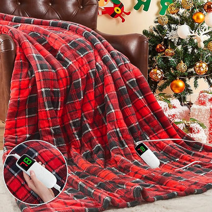 OCTROT Red Christmas Heated Blanket Electric Throw 50X60, Heating Throw Gift with 10 Heating Levels & 8 Hours Auto Off, Plaid Checkered Sherpa Blanket Warmer for Adults, Couch Bed Office Use