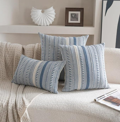 Boho Throw Pillow Covers 18x18 Inch Set of 2, Farmhouse Decorative Couch Pillow Cases, Blue Accent Pillows of Bed, Sofa Bedroom Living Room Home Decor Cushion Cover