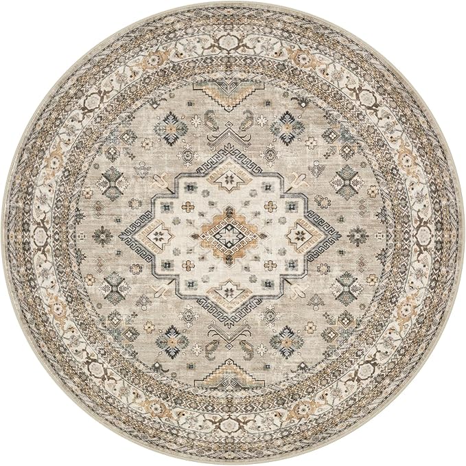5ft Round Vintage Living Room Area Rug - 5x5 Large Soft Washable Oriental Traditional Distressed Farmhouse Rugs for Bedroom - Indoor Floor Accent Carpet for Home Office House Decor - Beige
