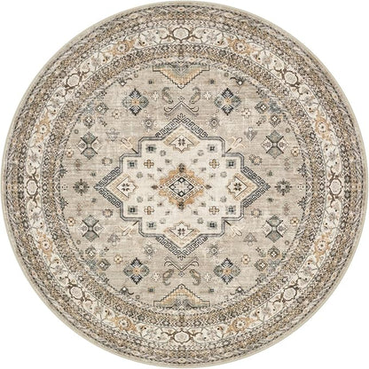 5ft Round Vintage Living Room Area Rug - 5x5 Large Soft Washable Oriental Traditional Distressed Farmhouse Rugs for Bedroom - Indoor Floor Accent Carpet for Home Office House Decor - Beige