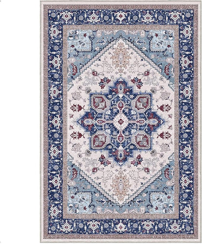 OPPODREAM Thin Area Rugs 4x6, Low-Pile Washable Rugs 4x6 with Non Slip Backing, Faux Cashmere 4 x 6 Throw Carpet, Navy Blue & Red & Cream