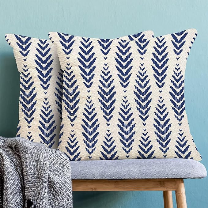 Navy Blue Boho Pillow Covers 16 x 16 Inch Pack of 2, Bohemian Ethnic Herringbone Pattern Decorative Throw Pillow Covers Linen Modern Geometry Farmhouse Outdoor Pillowcase for Sofa Couch Decor