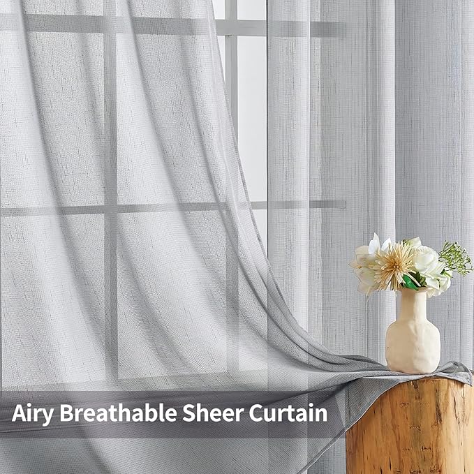 MIULEE Natural Linen Semi Sheer Window Curtains - Elegant Solid Light Grey Drapes Grommet Top Voile Panels for Bedroom Living Room (52X63 Inch)