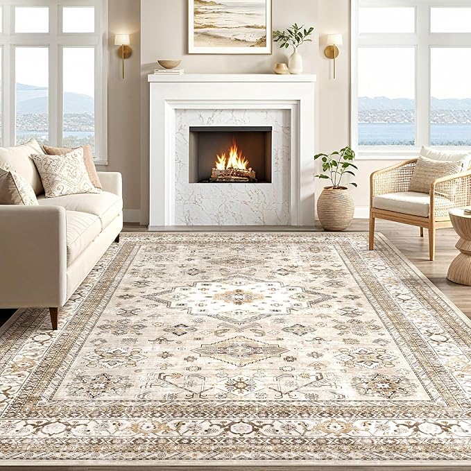 Vintage Living Room Area Rug 6x9 - Large Soft Washable Oriental Traditional Distressed Farmhouse Rugs for Bedroom - Indoor Floor Accent Carpet for Home Office House Decor - Beige