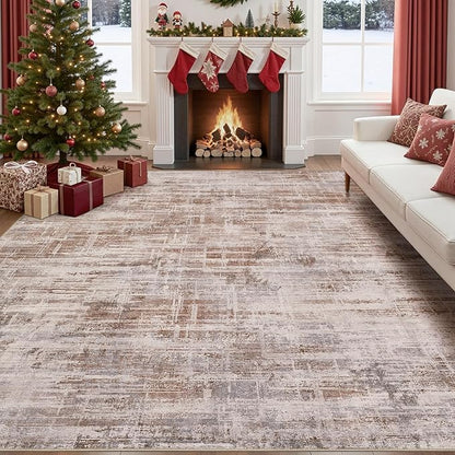 Area Rug for Living Room: 8x10 Washable Neutral Abstract Modern Soft Rugs Non Slip Indoor Floor Stain Resistant Large Carpet for Bedroom Dining Room Office Nursery - Red Brown