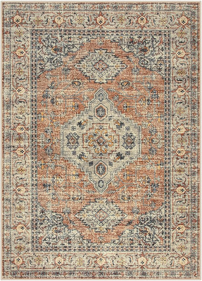 Lahome Oriental Washable Rugs for Living Room, 4x6 Bedroom Area Rug Ultra-Thin Soft Non Slip Stain Resistant Vintage Throw Carpet for ‎Office Dining Room, Peach/Orange