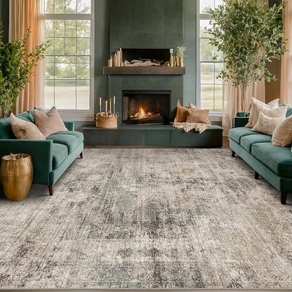 Farmhouse Brown Rugs for Living Room 8x10 - Taupe Rustic Minimalist Area Rug for Dining Room, Large Bedroom, Washable Foldable Dark Academy Décor