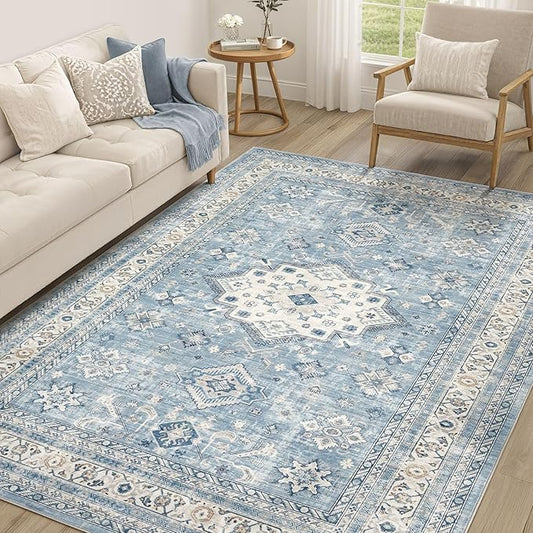 Vintage Living Room Area Rug 6x9 - Large Soft Washable Oriental Traditional Distressed Farmhouse Rugs for Bedroom - Indoor Floor Accent Carpet for Home Office House Decor - Blue