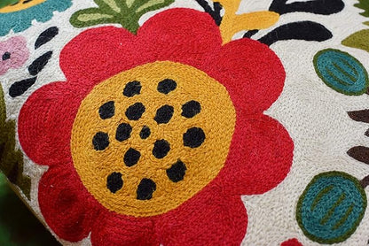 Red Polish Floral Pillow Cover Bird Flower Pillowcase Floral Outdoor Suzani Cushions Flowery Throw Chair Cushion Farmhouse Pillowsham Hand Embroidered Wool 18x18 Inch