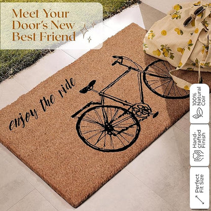 Coir Door Mats 17" X 30", Non-Slip Sturdy, PVC Backed Heavy Duty, Easy to Clean, Ideal for Door Entrance, Patio, Porch, Backyard, Garages, Enjoy The Ride Vintage Bicycle