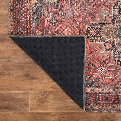 Bloom Rugs Washable Non-Slip 6' x 9' Rug - Red/Teal Blue/Yellow Traditional Medallion Area Rug for Living Room, Bedroom, Dining Room, and Kitchen - Exact Size: 6' x 9'