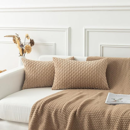 Kevin Textile 12x20 Inch Pillow Cover 1 Pack Boho Decorative Soft Striped Corduroy Lumbar Farmhouse Solid Color Accent Rectangle Cushion Case for Living Room Couch Sofa Bed, Tan