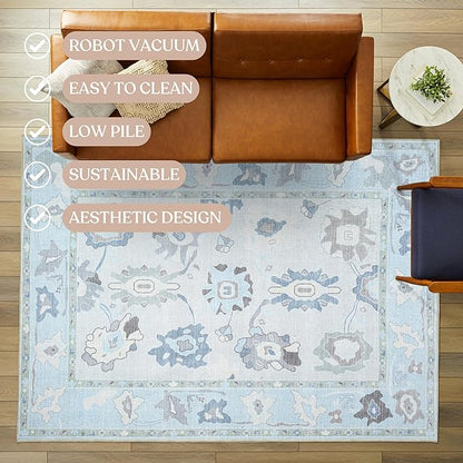 Fame Living Cream Blue Oushak Runner Rug, Modern Runners, Vintage, Turkish, Eclectic, Floral, Pastel, Washable, Runner for Hallway, Kitchen, Bedroom, Bathroom, 2'5"x9'8"