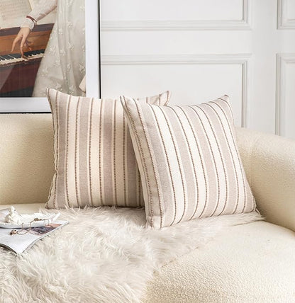 Decorative Boho Throw Pillow Covers, Farmhouse Textured Pillow Case, 22 x 22 Inch Set of 2, Chair Sofa Bedroom Living Room Home Decor Couch Cushion Case, Taupe and Beige Striped
