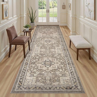 Vintage Hallway Runner Rug 3x10: Large Soft Washable Entryway for Kitchen Laundry Room Non-Slip Backing Runner for Entrance Living Room Bedroom Bathroom - Brown