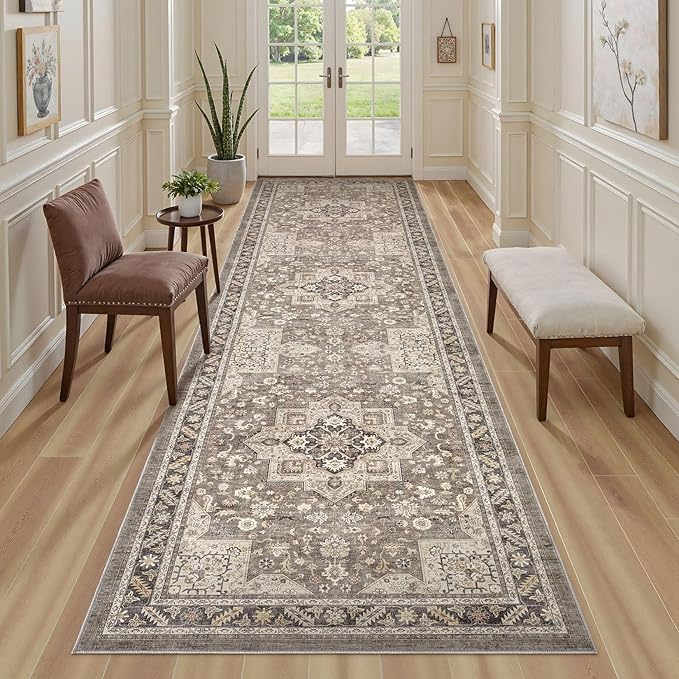 Vintage Hallway Runner Rug 3x8: Large Soft Washable Entryway for Kitchen Laundry Room Non-Slip Backing Runner for Entrance Living Room Bedroom Bathroom - Brown