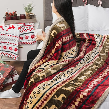 PAVILIA Premium Christmas Sherpa Throw Blanket, Green Red Cabin Design with Reindeer Print, Ultra Soft Reversible Fleece & Sherpa 60x80 Cozy Winter Blanket, Cozy Christmas Holiday Decor