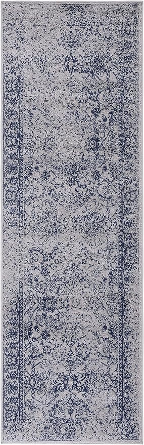 SAFAVIEH Adirondack Collection Runner Rug - 2'6" x 12', Grey & Navy, Distressed Vintage Floral Design, Non-Shedding & Easy to Clean, Ideal for Hallway, Foyer, Entryway, Bedroom (ADR109P)