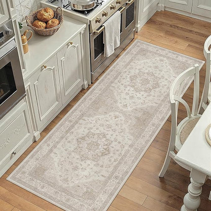 Beige Runner Rug 2x5 Washable Vintage Carpet Hallway Kitchen Soft Retro Low Pile Thin Indoor Bedroom Non Slip Oriental Medallion Long Throw Rug for Bathroom Laundry Dining Room