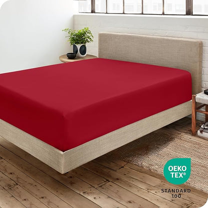 Bare Home Fitted Bottom Sheet King Size - Premium 1800 Microfiber - Ultra-Soft Hotel Luxury - Deep Pocket - Durable and Long Lasting (King, Red)