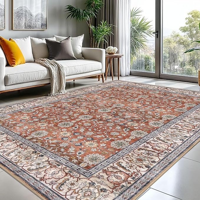 KUTA Vintage 8x10 Area Rugs for Living Room, Terracotta Washable Large Rug for Bedroom 8ft x 10ft Non-Slip, Ultra Thin Soft Printed Traditional Floral Distressed Dining Room Low-Pile Carpet