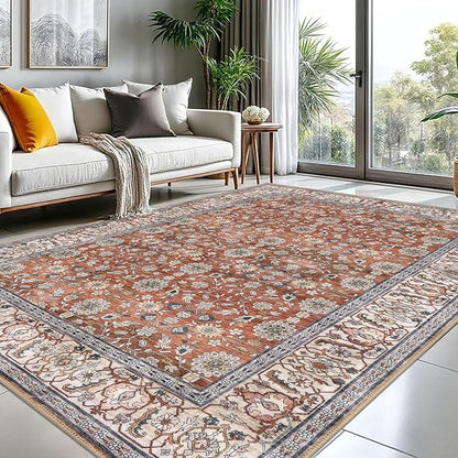 KUTA Vintage 8x10 Area Rugs for Living Room, Terracotta Washable Large Rug for Bedroom 8ft x 10ft Non-Slip, Ultra Thin Soft Printed Traditional Floral Distressed Dining Room Low-Pile Carpet