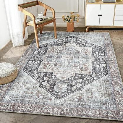 Bloom Rugs Washable Non-Slip 6' x 9' Rug - Charcoal/Brown Traditional Medallion Area Rug for Living Room, Bedroom, Dining Room, and Kitchen - Exact Size: 6' x 9'