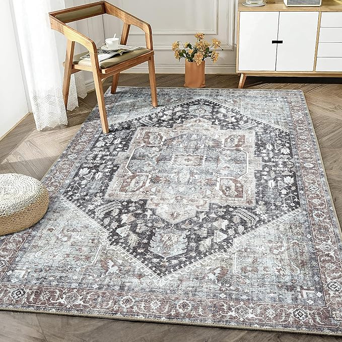 Bloom Rugs Washable Non-Slip 4' x 6' Rug - Charcoal/Brown Traditional Medallion Area Rug for Living Room, Bedroom, Dining Room, and Kitchen - Exact Size: 4' x 6'