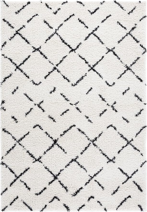 SAFAVIEH Arizona Shag Collection Area Rug - 6'7" x 9'2", Ivory & Black, Moroccan Boho Design, Non-Shedding & Easy to Clean, Ideal for Living Room, Bedroom, Dining Space (ASG743Z)