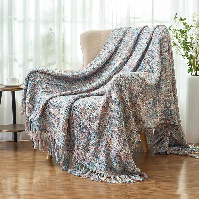 Multi-Color Pink Blue Cable Knitted Throw Blanket for Couch,50"X60" Boho Style Textured Blankets for Home Decor,Super Soft Warm Cozy Chunky Knit Blanket with Decorative Tassels for Bed
