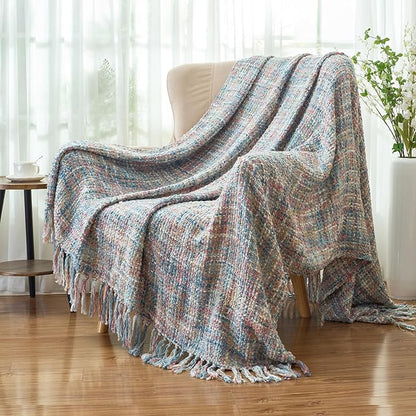 Multi-Color Pink Blue Cable Knitted Throw Blanket for Couch,50"X60" Boho Style Textured Blankets for Home Decor,Super Soft Warm Cozy Chunky Knit Blanket with Decorative Tassels for Bed