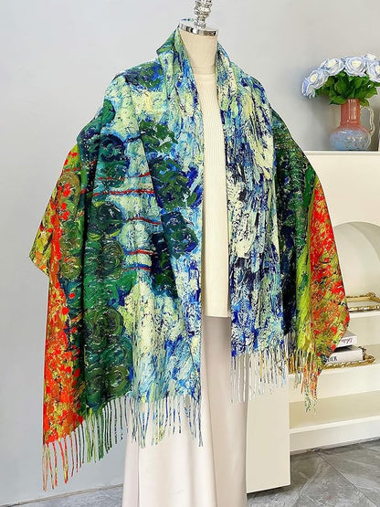 VENVSBEE Reversible Scarf Soft Large Shawl Wrap Blanket Double Sided Art Print Warm Pashmina Stoles Klimt Van Gogh Gifts