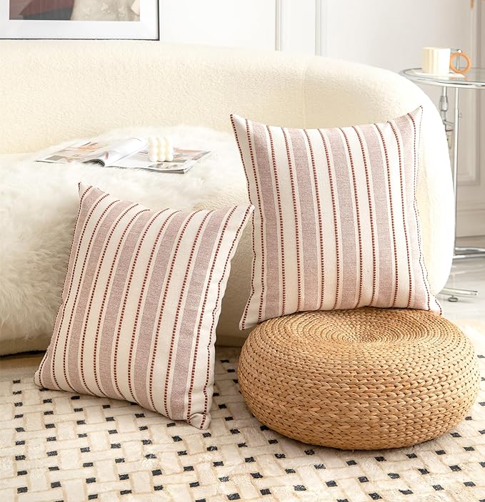 Decorative Boho Throw Pillow Covers, Farmhouse Textured Pillow Case, 22 x 22 Inch Set of 2, Chair Sofa Bedroom Living Room Home Decor Couch Cushion Case, Rust and Beige Striped
