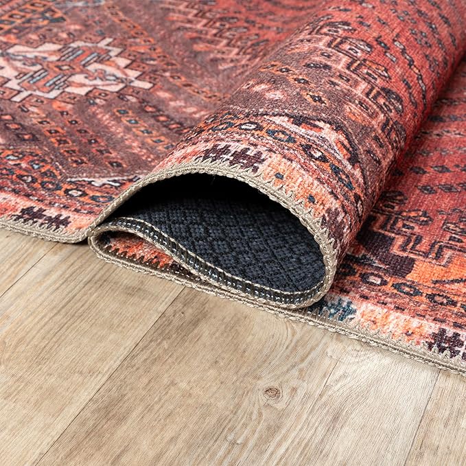 Bloom Rugs Washable Non-Slip 6' x 9' Rug - Red/Multicolor Traditional Bordered Area Rug for Living Room, Bedroom, Dining Room, and Kitchen - Exact Size: 6' x 9'