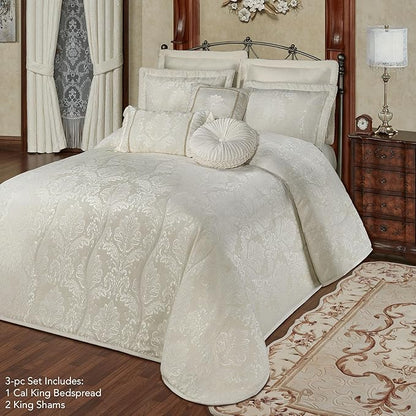 Touch of Class Camelot Luxury Bedding | Neutral Soothing Ivory | Matte Satin Damask on Richly Textured Jacquard-Woven Chenille | Designed 3 Piece Set Includes Cal King Bedspread and 2 King Shams