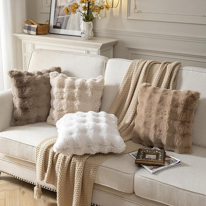 Pack of 2 Thick Plush Throw Pillow Covers Fluffy Wave Faux Fur Decorative Cushion Covers Soft Wool Pillowcase for Sofa Couch Livingroom 18x18 Inch Beige