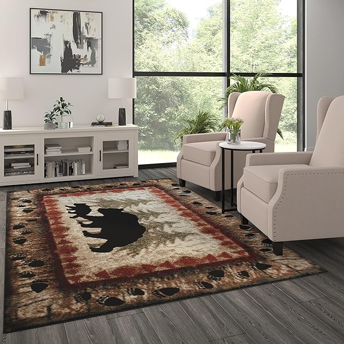 Masada Rugs, Cabin Lodge Area Rug Bear and Cub Scene (6 Feet X 9 Feet)
