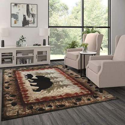Masada Rugs, Cabin Lodge Area Rug Bear and Cub Scene (6 Feet X 9 Feet)