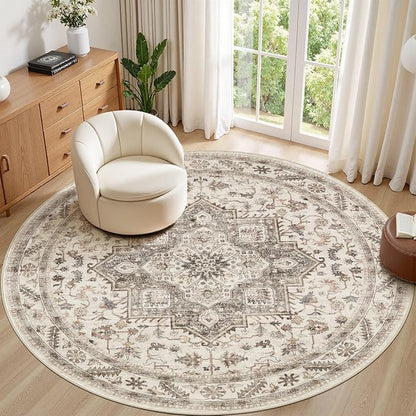 8ft Round Vintage Living Room Area Rug - 8x8 Large Soft Washable Oriental Traditional Distressed Farmhouse Rugs for Bedroom - Indoor Floor Accent Carpet for Home Office House Decor - Light Brown