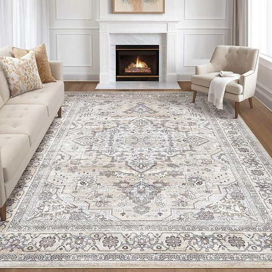 7x9 Area Rug Living Room: Washable Boho Large Neutral Vintage Soft Rugs Stain Resistant Farmhouse Non Slip Indoor Floor Carpet for Bedroom Nursery Kids Playroom Office Dining Room- Ivory Gray