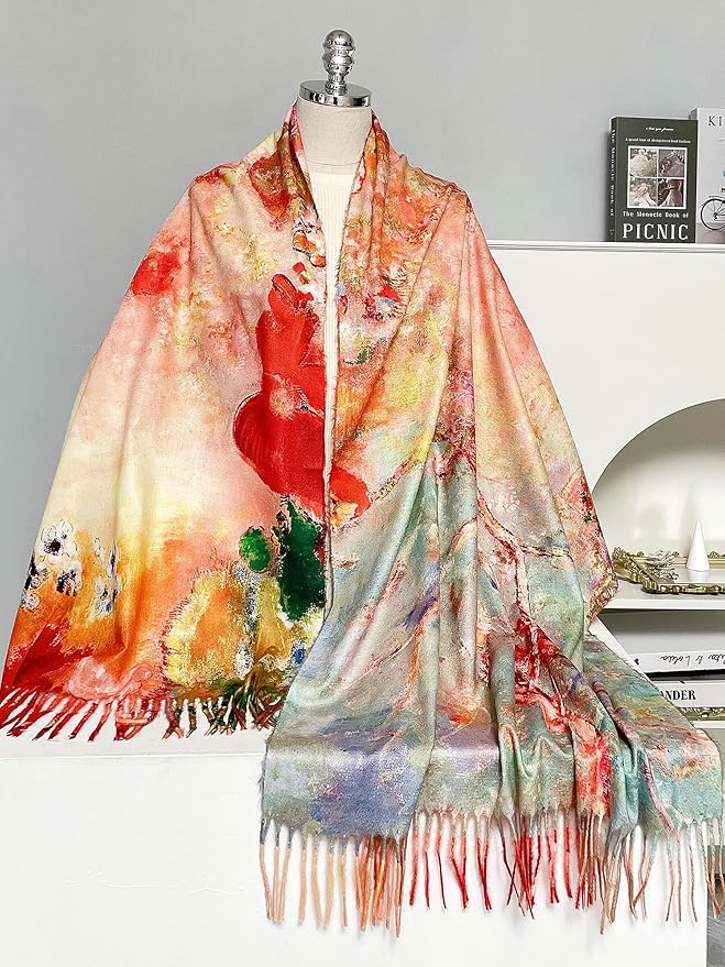 VENVSBEE Reversible Scarf Soft Large Shawl Wrap Blanket Double Sided Art Print Warm Pashmina Stoles Klimt Van Gogh Gifts