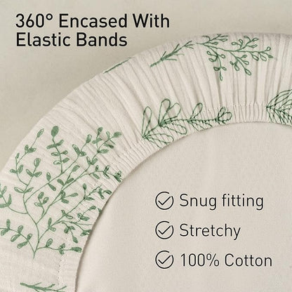 Muslin Bassinet Fitted Sheets, 2 Pack for Baby Boy and Girl, Soft Breathable Stretchy Baby Pad/Mattress Sheet Set, Universal Fit for Hourglass Oval and Rectangle Bassinet Mattress (Bright Leaves)
