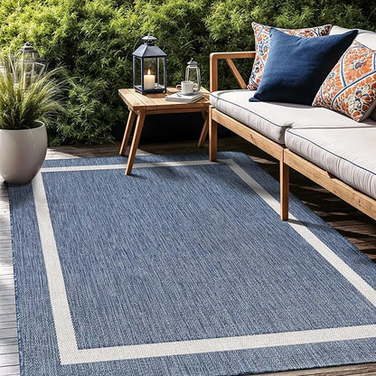 Bordered Outdoor Rug 6x9 Washable Outside Carpet for Indoor Patio Porch Waterproof Easy Cleaning Non Shedding Area Rugs Blue 6 x 9