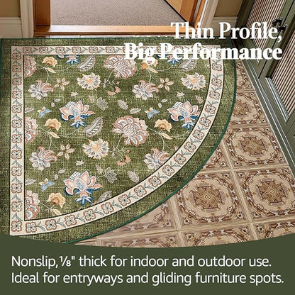 jinchan Elora Floral Corner Rug for Entryway Washable Rug Vintage Romance Christmas Design Non Slip Quarter Circle Lightweight Low-Pile Throw Carpet for Playroom Reading Nook, 4ft Radius, Green